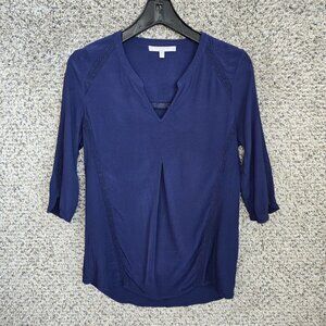 Daniel Rainn‎ Top Womens Small Navy Blue V-Neck 3/4 Sleeve Semi Sheer Casual